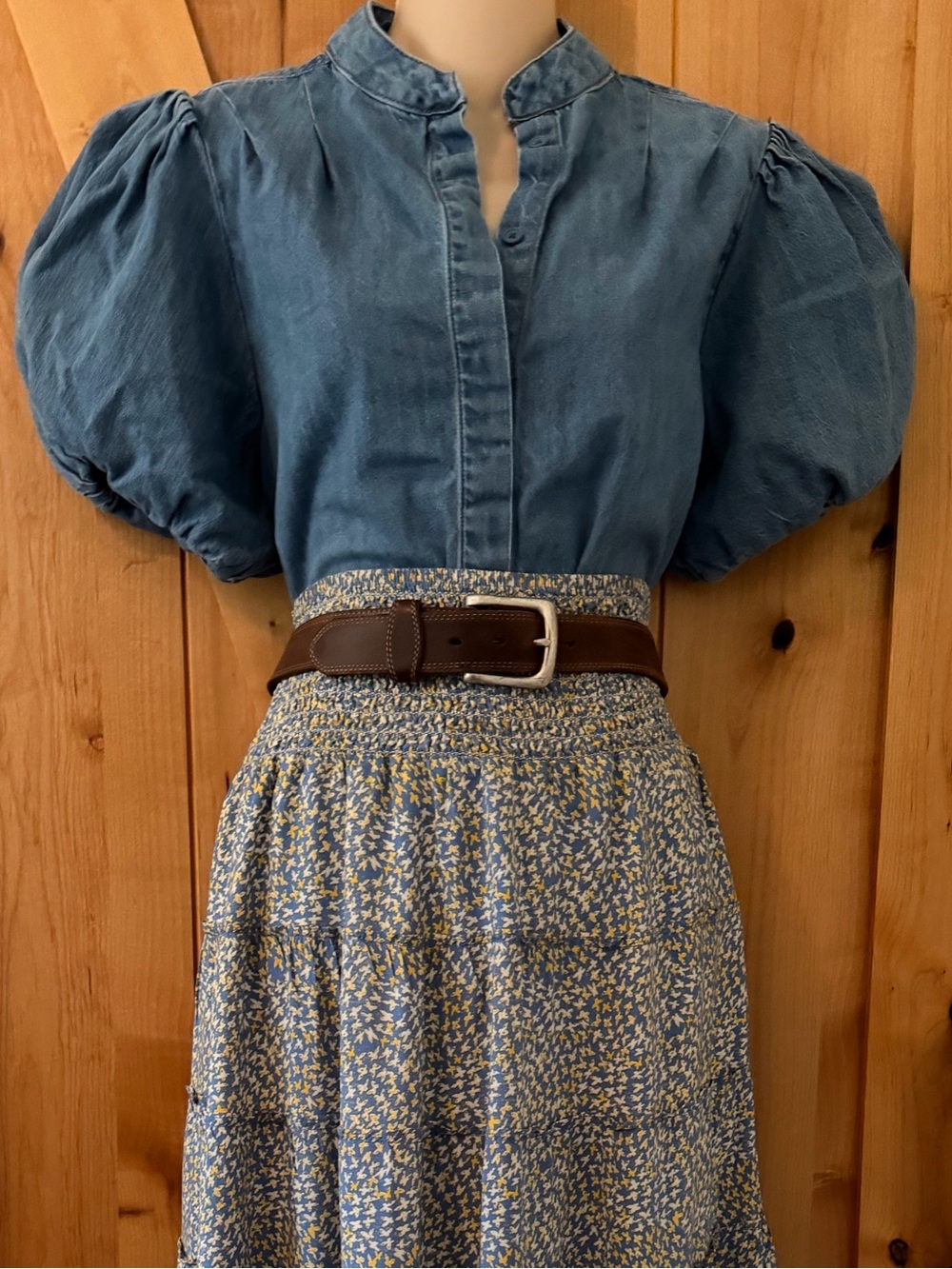 Denim Chambray Puff Sleeve Button Up Prairie Blouse Cottagecore Top - Picture 4 of 12